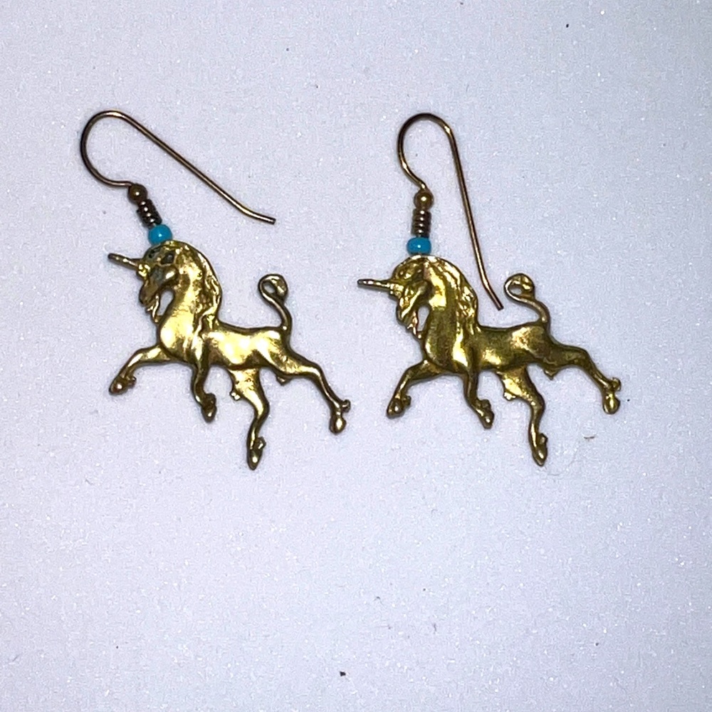 Vintage brass unicorn earrings, dangle unicorn earrings, unicorn earrings